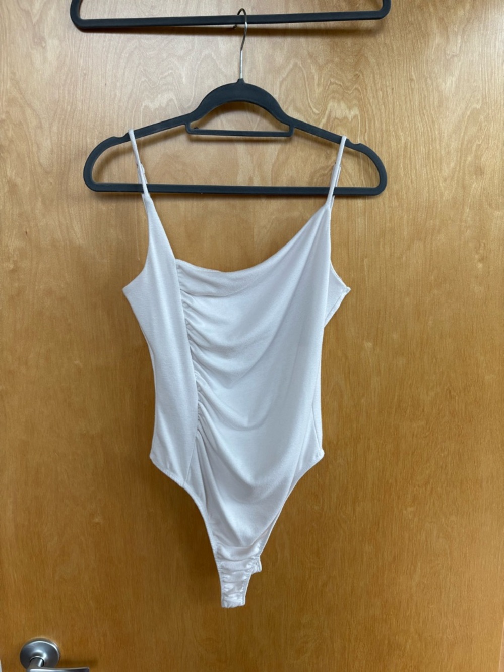 Asymmetrical Ruched Spaghetti-Strap Bodysuit - White